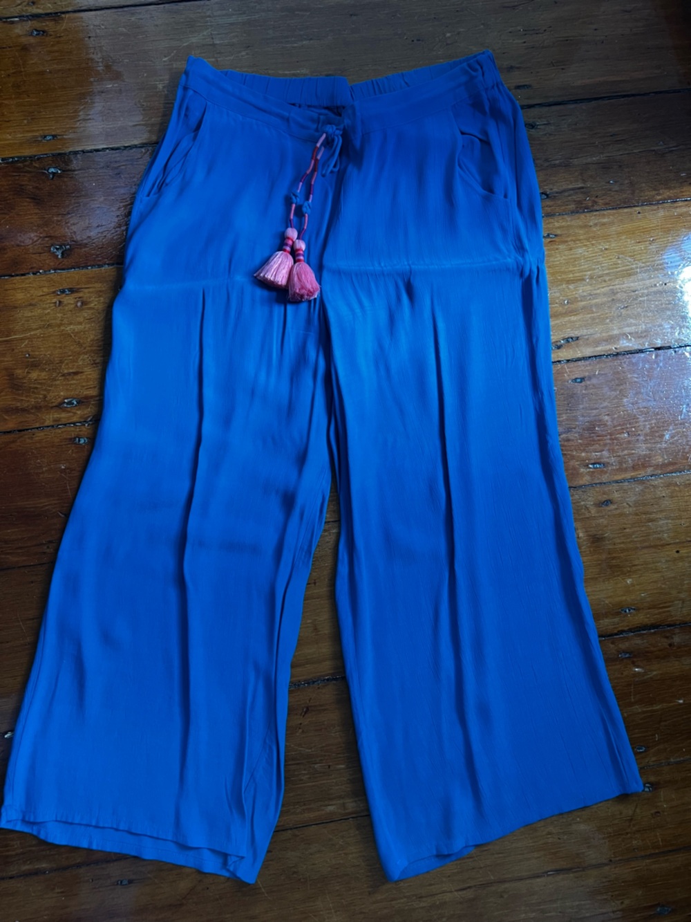 Cobalt Wide-Leg Cropped Pants with Tassel Drawstring
